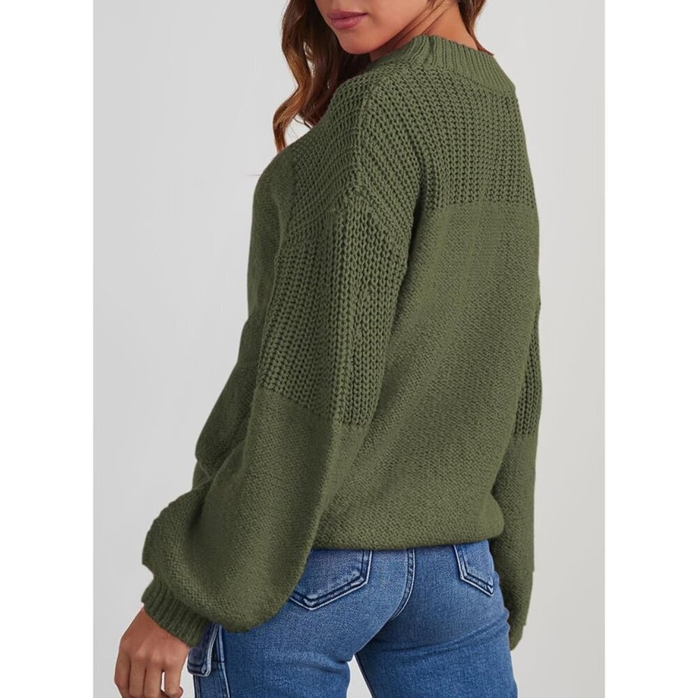 Women's Green Long Sleeve Jumper Sweaters Tops Loose Crewneck Knit Pullover - Picture 2 of 6